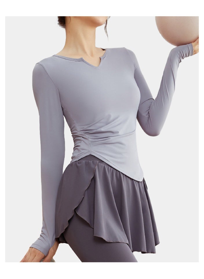 Fashion Slim Simplicity  Pleated Long Sleeve V-neck Fitness Running Yoga Women Clothes Irregular Pullover Solid Color Tops - Image 2