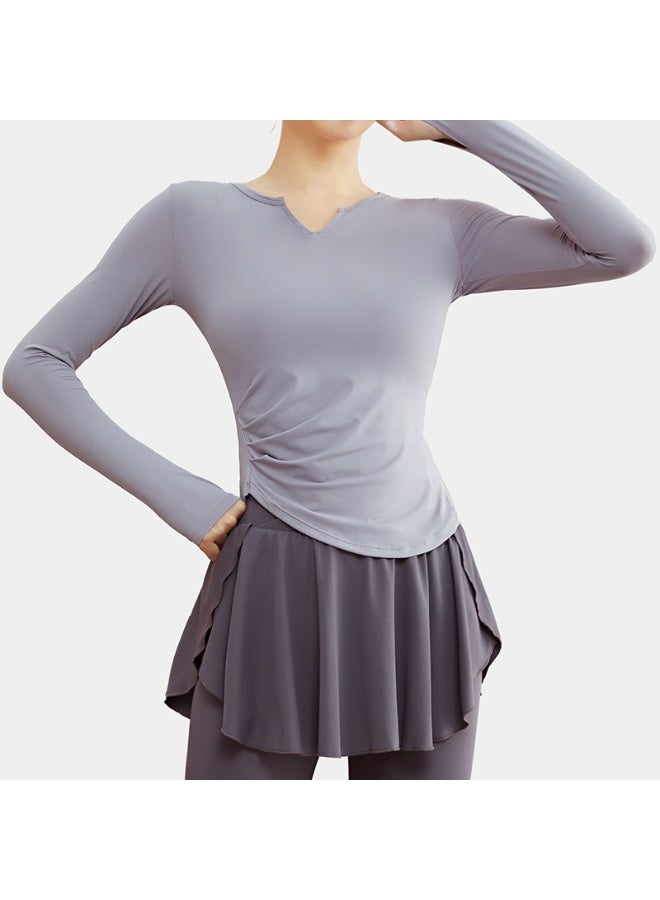 Fashion Slim Simplicity  Pleated Long Sleeve V-neck Fitness Running Yoga Women Clothes Irregular Pullover Solid Color Tops - Image 1