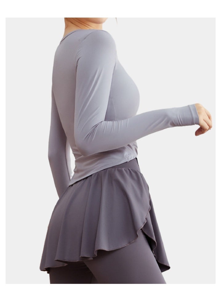 Fashion Slim Simplicity  Pleated Long Sleeve V-neck Fitness Running Yoga Women Clothes Irregular Pullover Solid Color Tops - Image 3