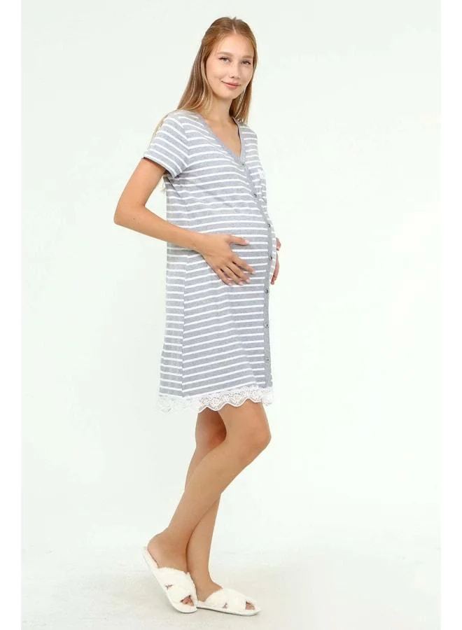 LuvmaBelly MYRA9720 - Buttoned Lace Pocket Maternity Nightgown - Striped Gray.