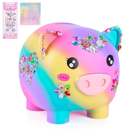 MHJY Piggy Bank Girls Unbreakable Piggy Banks Large Money Coin Bank for Kids with DIY Stickers for Birthday Easter Baby Shower Rainbow - Image 1