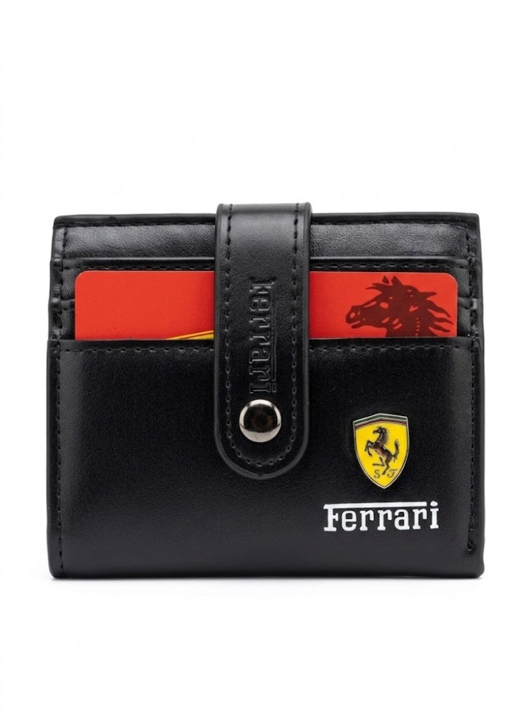 محفظة فيراري جلد أسود رفيعة مع شعار الحصان الواثب الرسمي وإغلاق مغناطيسي – حامل بطاقات رجالي فاخر