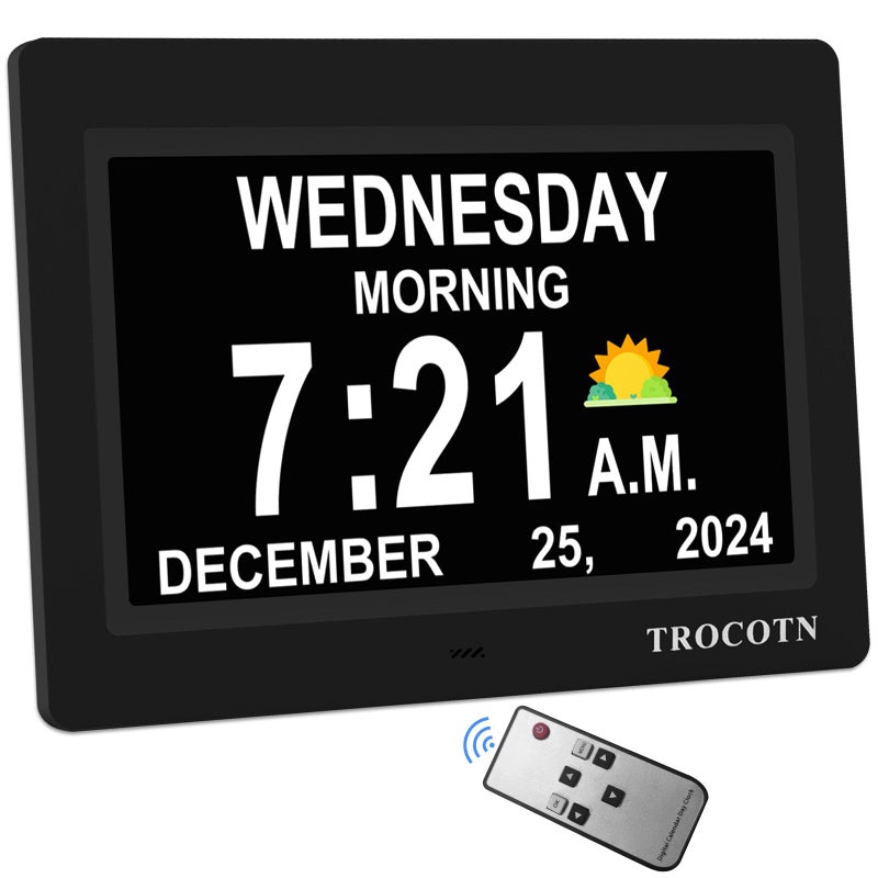 TROCOTN TROCOTN Dementia Clock Large Digital Clock for Seniors Calendar Large Display with Custom AlarmsWall Clock with Day  Date7 inch Black 