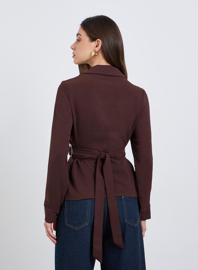 Styli Women Burgundy Wrap Top with Long Sleeves - Image 5