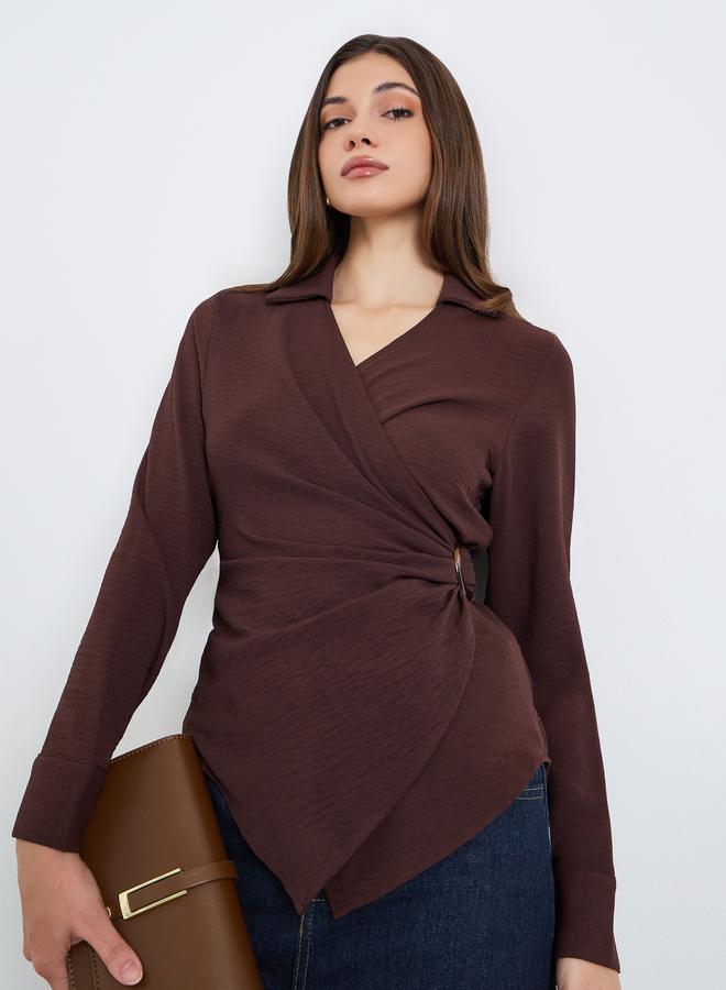 Styli Women Burgundy Wrap Top with Long Sleeves - Image 1