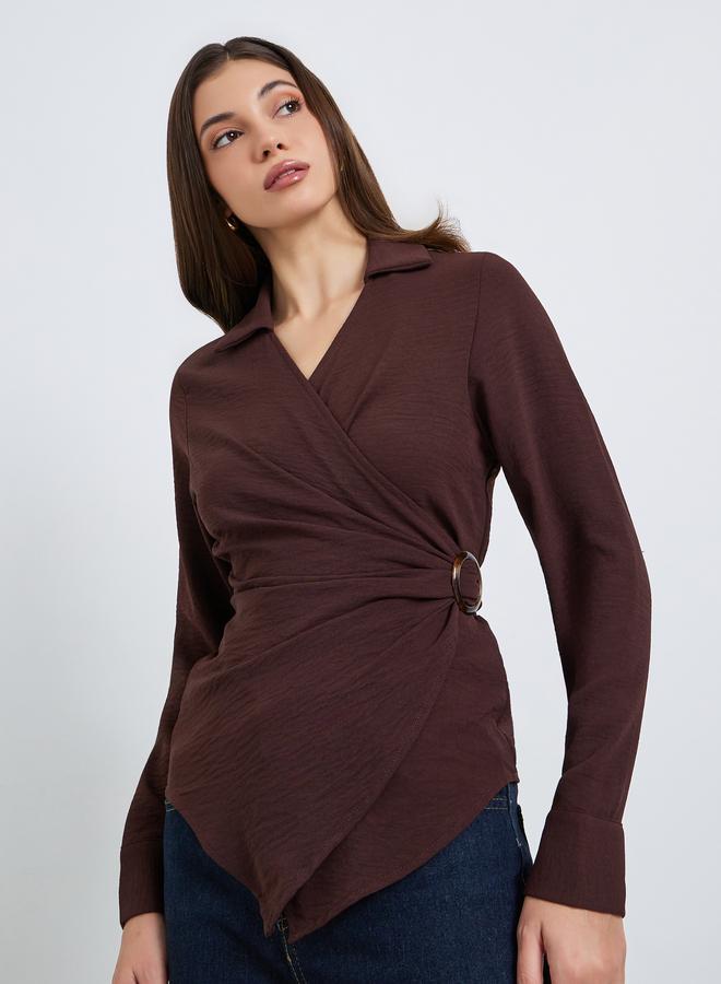 Styli Women Burgundy Wrap Top with Long Sleeves - Image 3