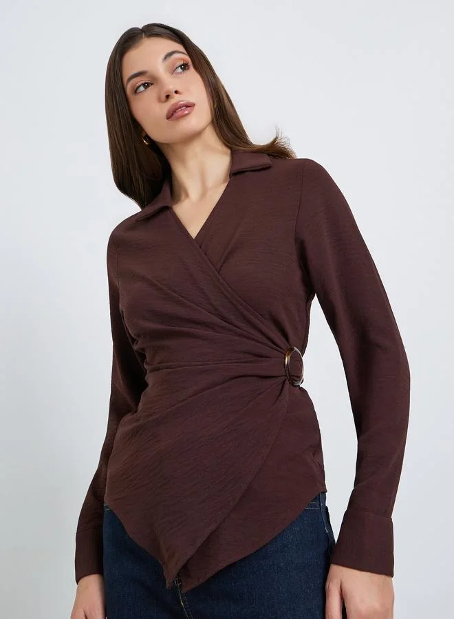 Styli Burgundy Women Burgundy Wrap Top with Long Sleeves for Women | Best Price UAE