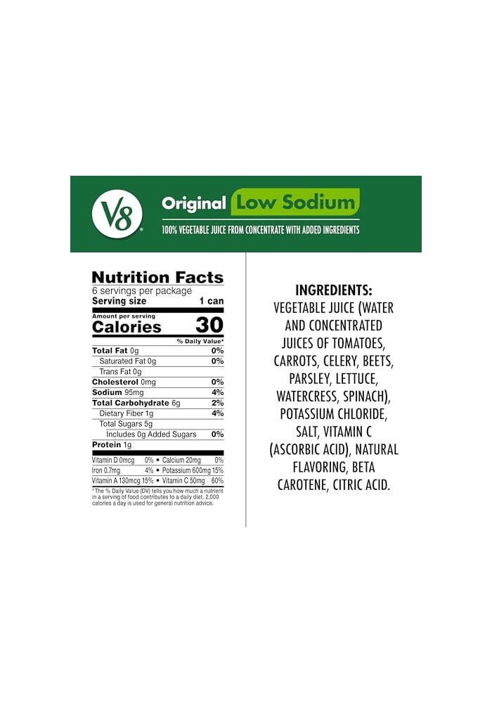 V8 Low Sodium Original 100 Vegetable Juice 55 fl oz Can 6 Pack - Image 5