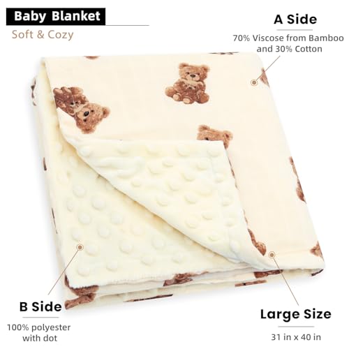 LifeTree Baby Girl & Boy Blankets, Soft Double Layer Swaddle Blankets, Muslin Front and Dotted Fleece Backing Receiving Bed Throw Blanket for Newborn Unisex, 31X40 Inches, Bear Pattern - Image 2