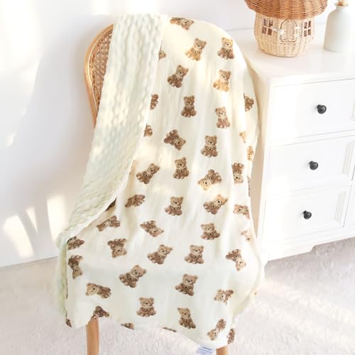 LifeTree Baby Girl & Boy Blankets, Soft Double Layer Swaddle Blankets, Muslin Front and Dotted Fleece Backing Receiving Bed Throw Blanket for Newborn Unisex, 31X40 Inches, Bear Pattern - Image 5