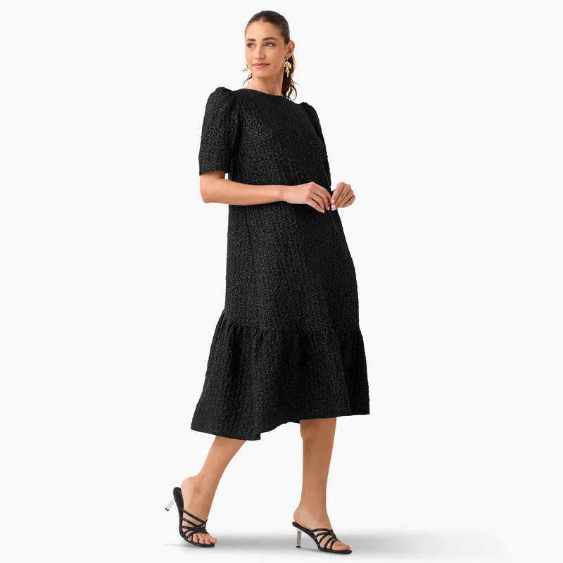 2Xtremz 2Xtremz Textured A-Line Midi Dress with Puff Sleeves