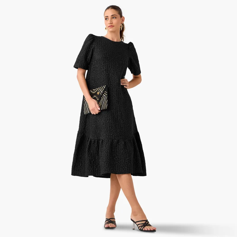 2Xtremz 2Xtremz Textured A-Line Midi Dress with Puff Sleeves