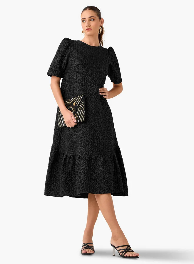 2Xtremz 2Xtremz Textured A-Line Midi Dress with Puff Sleeves