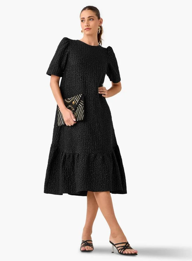 2Xtremz 2Xtremz Textured A-Line Midi Dress with Puff Sleeves