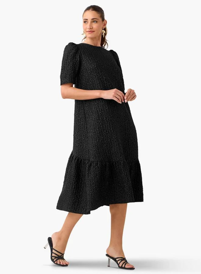 2Xtremz 2Xtremz Textured A-Line Midi Dress with Puff Sleeves