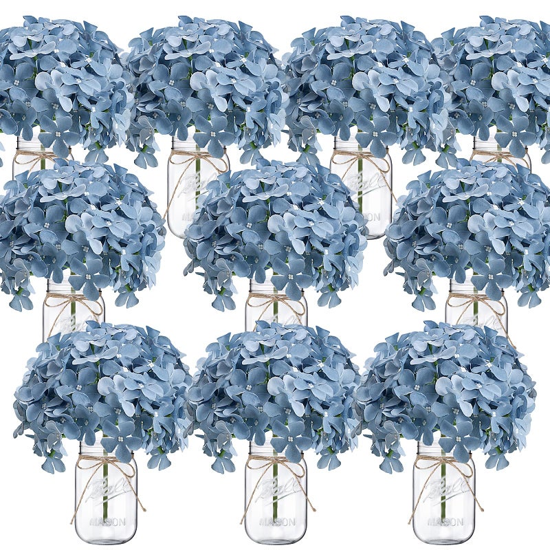 Scawim Hydrangea Flower in Mason Jars, 10 Set Floral Arrangements Table Centerpieces Decor Glass Flowers Vases for Home Party Wedding Bridal Shower Graduation Boho Decorative(Blue) - Image 1