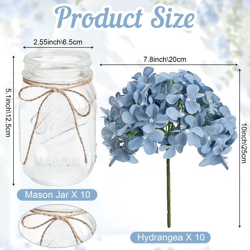 Scawim Hydrangea Flower in Mason Jars, 10 Set Floral Arrangements Table Centerpieces Decor Glass Flowers Vases for Home Party Wedding Bridal Shower Graduation Boho Decorative(Blue) - Image 2