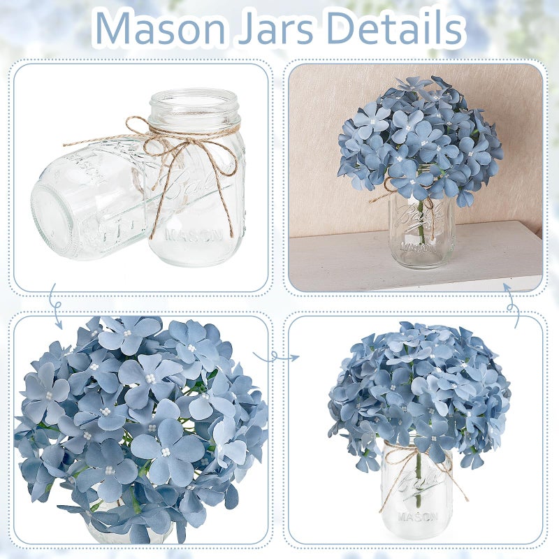 Scawim Hydrangea Flower in Mason Jars, 10 Set Floral Arrangements Table Centerpieces Decor Glass Flowers Vases for Home Party Wedding Bridal Shower Graduation Boho Decorative(Blue) - Image 3