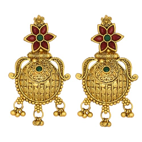 JWELLA Antique Gold Plated Temple Earrings with Floral Stud & Circular Dangler | Red & Green Stone Traditional Jhumka Style Earrings for Women - Image 1