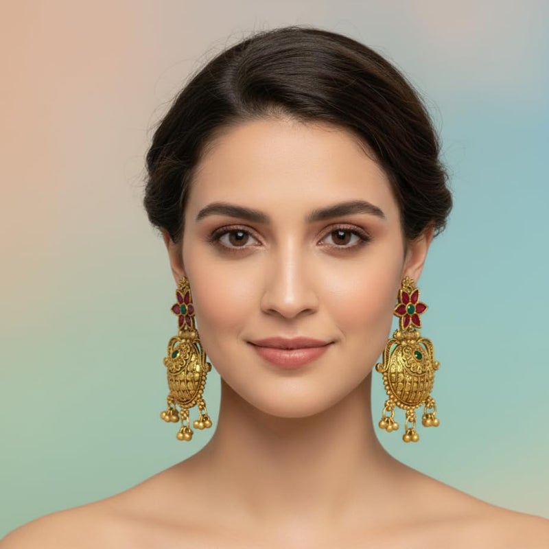 JWELLA Antique Gold Plated Temple Earrings with Floral Stud & Circular Dangler | Red & Green Stone Traditional Jhumka Style Earrings for Women - Image 2