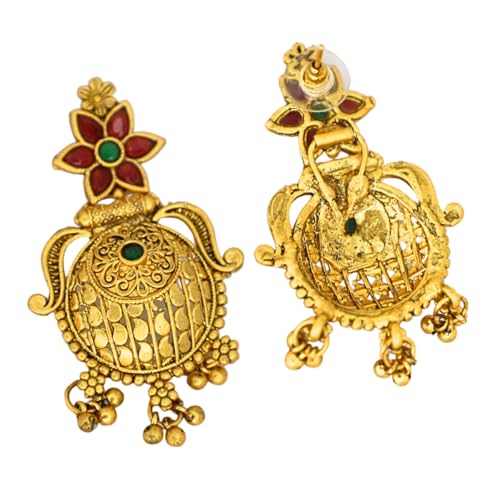 JWELLA Antique Gold Plated Temple Earrings with Floral Stud & Circular Dangler | Red & Green Stone Traditional Jhumka Style Earrings for Women - Image 5