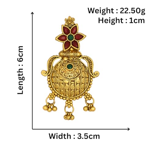 JWELLA Antique Gold Plated Temple Earrings with Floral Stud & Circular Dangler | Red & Green Stone Traditional Jhumka Style Earrings for Women - Image 4