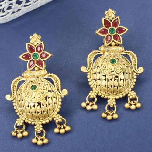 JWELLA Antique Gold Plated Temple Earrings with Floral Stud & Circular Dangler | Red & Green Stone Traditional Jhumka Style Earrings for Women - Image 3