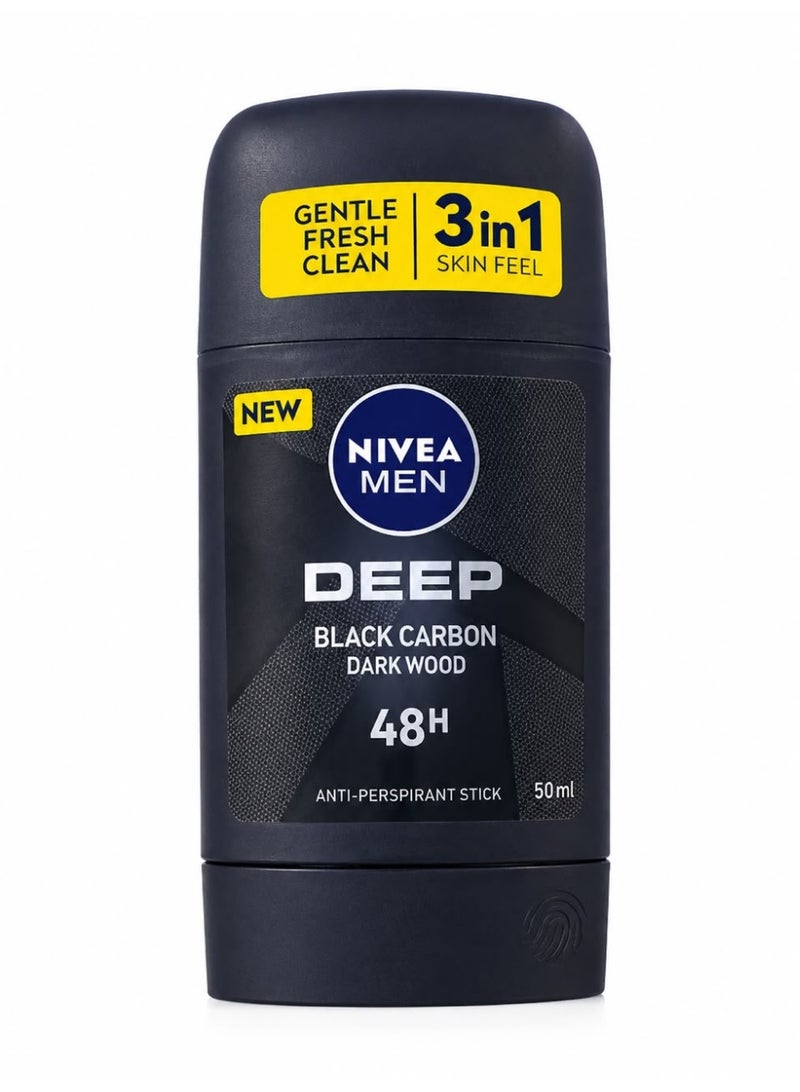 NIVEA MEN Antiperspirant Stick for Men 48h Protection, DEEP Black Carbon Antibacterial Woody Scent 50ml