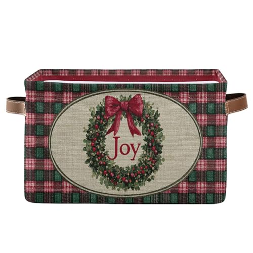 Wamika Christmas Joy Wreath Bow Knot Storage Basket with Waterproof Liner and PU Handles Winter Poinsettia Buffalo Plaid Storage Bins Boxes 142 Collapsible Decorative Baskets for Bedroom Office 1 Pack - Image 1