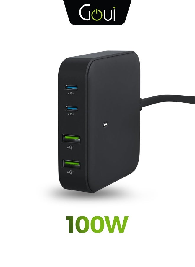 جوي شاحن مكتبي بأربعة منافذ جان 100 – 100واط منفذان USB-A و منفذان USB-C، يدعم تقنية الشحن السريع كوالكوم 3.0، وتقنية الشحن السريع PD، مزود بكيبل بطول 150 سم، مناسب للاستخدام المنزلي و المكتبي، شحن سريع لأجهزة ماك بوك، و سلسلة آيفون 17، و سامسونج، و جالاكسي، و غيرها. أسود - Image 1