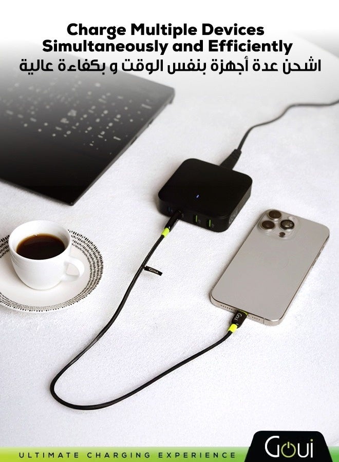 جوي شاحن مكتبي بأربعة منافذ جان 100 – 100واط منفذان USB-A و منفذان USB-C، يدعم تقنية الشحن السريع كوالكوم 3.0، وتقنية الشحن السريع PD، مزود بكيبل بطول 150 سم، مناسب للاستخدام المنزلي و المكتبي، شحن سريع لأجهزة ماك بوك، و سلسلة آيفون 17، و سامسونج، و جالاكسي، و غيرها. أسود - Image 3