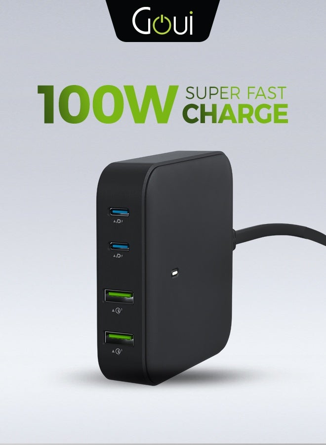 جوي شاحن مكتبي بأربعة منافذ جان 100 – 100واط منفذان USB-A و منفذان USB-C، يدعم تقنية الشحن السريع كوالكوم 3.0، وتقنية الشحن السريع PD، مزود بكيبل بطول 150 سم، مناسب للاستخدام المنزلي و المكتبي، شحن سريع لأجهزة ماك بوك، و سلسلة آيفون 17، و سامسونج، و جالاكسي، و غيرها. أسود - Image 1