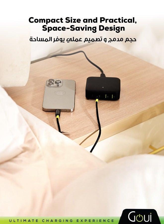 جوي شاحن مكتبي بأربعة منافذ جان 100 – 100واط منفذان USB-A و منفذان USB-C، يدعم تقنية الشحن السريع كوالكوم 3.0، وتقنية الشحن السريع PD، مزود بكيبل بطول 150 سم، مناسب للاستخدام المنزلي و المكتبي، شحن سريع لأجهزة ماك بوك، و سلسلة آيفون 17، و سامسونج، و جالاكسي، و غيرها. أسود - Image 4
