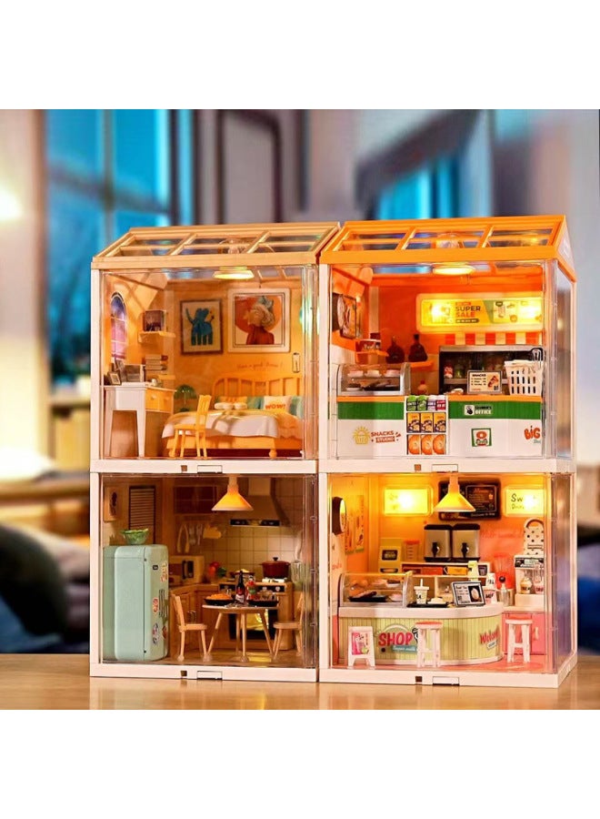 Zhiqu Cabin Mini Assembled Scene Creative Handmade DIY Big Town 3D Building Blocks Gift Toy Lighting-Color:0411a Premium Box [sunshine Milk Tea Shop]  - Image 4