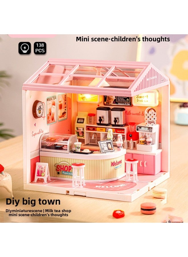 Zhiqu Cabin Mini Assembled Scene Creative Handmade DIY Big Town 3D Building Blocks Gift Toy Lighting-Color:0411a Premium Box [sunshine Milk Tea Shop]  - Image 5