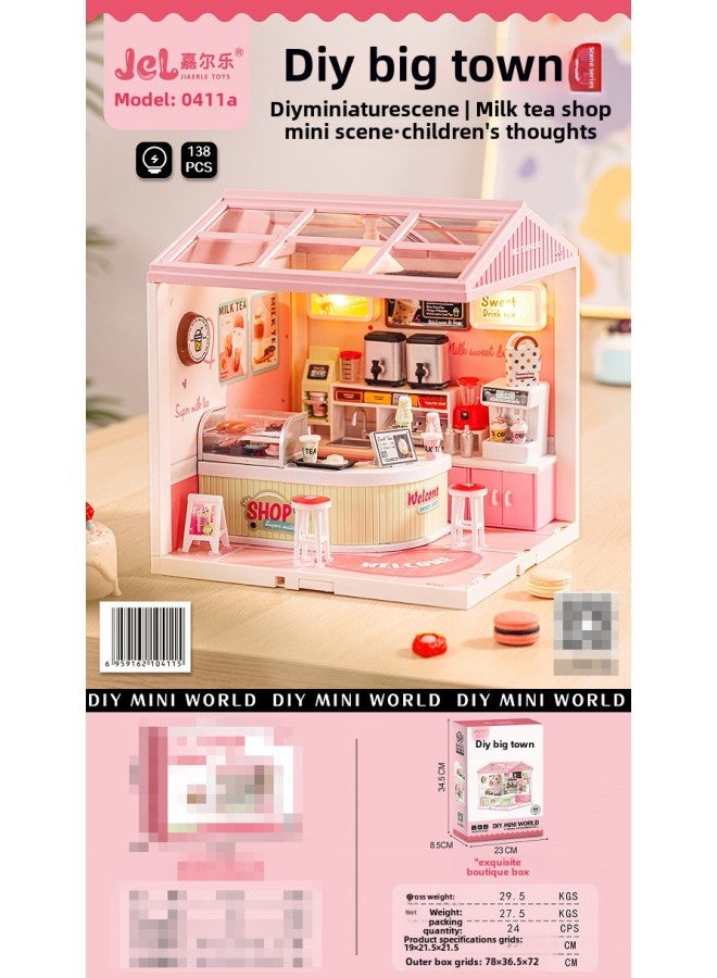 Zhiqu Cabin Mini Assembled Scene Creative Handmade DIY Big Town 3D Building Blocks Gift Toy Lighting-Color:0411a Premium Box [sunshine Milk Tea Shop]  - Image 1