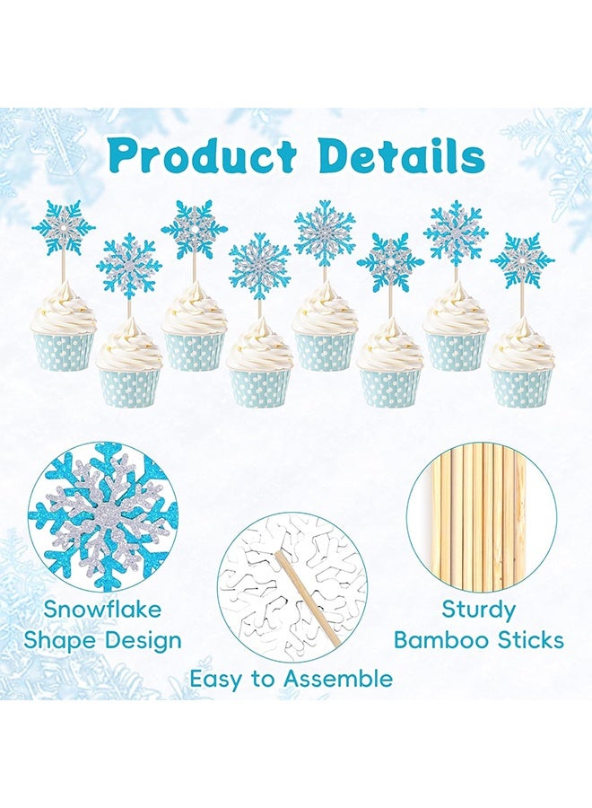 مجموعة تزيين كعك مكونة من 16 قطعة، زينة كعك لامعة لفصل الشتاء، أغطية كب كيك على شكل ندفة ثلج مزدوجة الطبقات باللونين الفضي والأزرق بموضوع شتوي، لوازم تزيين الكيك لحفلات استحمام الأطفال وأعياد ميلاد الأطفال - Image 3