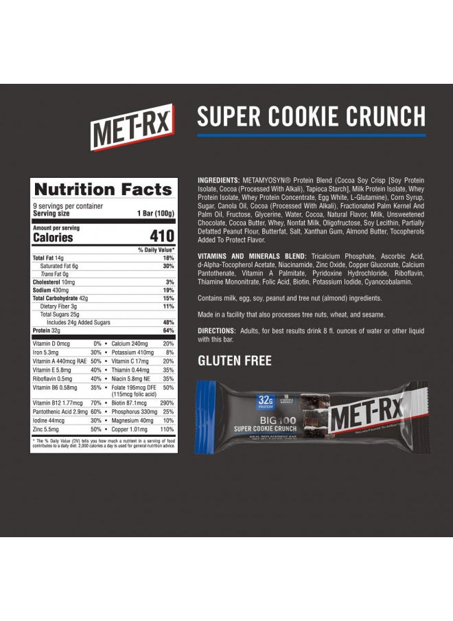 MET-Rx - MET-Rx Big 100 Protein Bar, Meal Replacement Bar, 32G Protein, Super Cookie Crunch, 3.52 Oz (Pack of 9) - Image 1