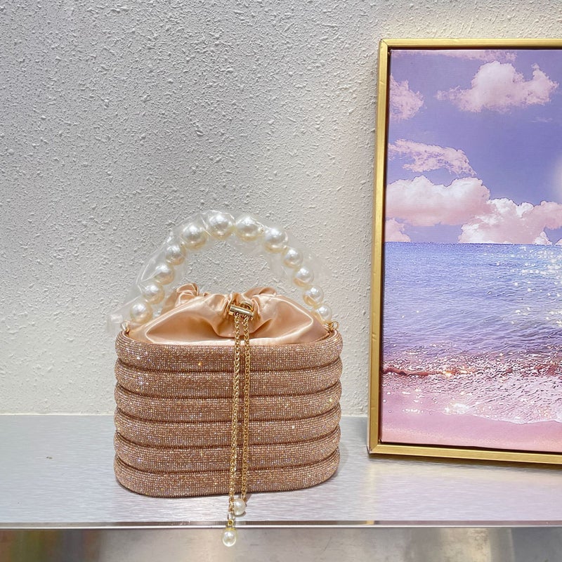 French Glitter Colorblock Rainbow Cage Pearl Silk Bucket Bag Gold [High Edition]]
