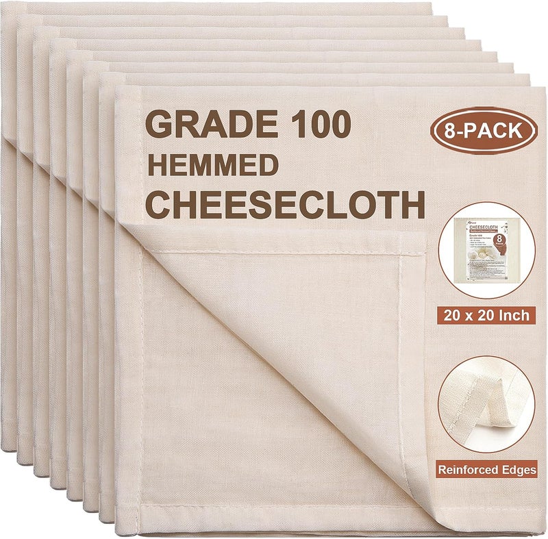 eFond Cheese Cloths, 8-Pack, 20x20Inch Squares with Hemmed Edges, Grade 100 Ultra Fine Reusable Cheesecloth for Straining, Unbleached Cotton Muslin Cloths for Cooking, Nut Milk, Butter & Baking - Image 1