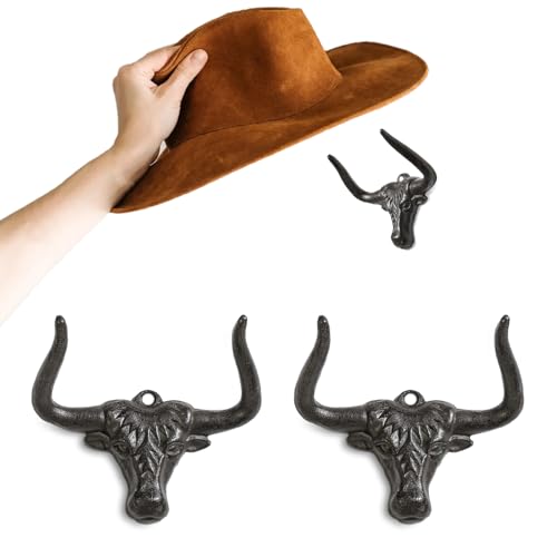 HYDERMUS Cowboy Hat Rack for Wall 2 Pack Cowboy Hat Hook Cast Iron Hat Holder Cowgirl Hat Hanger Vintage Western Wall Decor Longhorn Hooks for Hat Storage and Organization Cow Decor Western Gift Rust