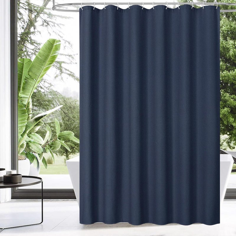 MitoVilla Navy Blue Modern Waffle Shower Curtain, Dark Blue Fabric Shower Curtains for Neutral Hotel Bathroom Decor, Heavy Waffle Weave Weighted Cloth Shower Curtain, 72 x 72 - Image 1