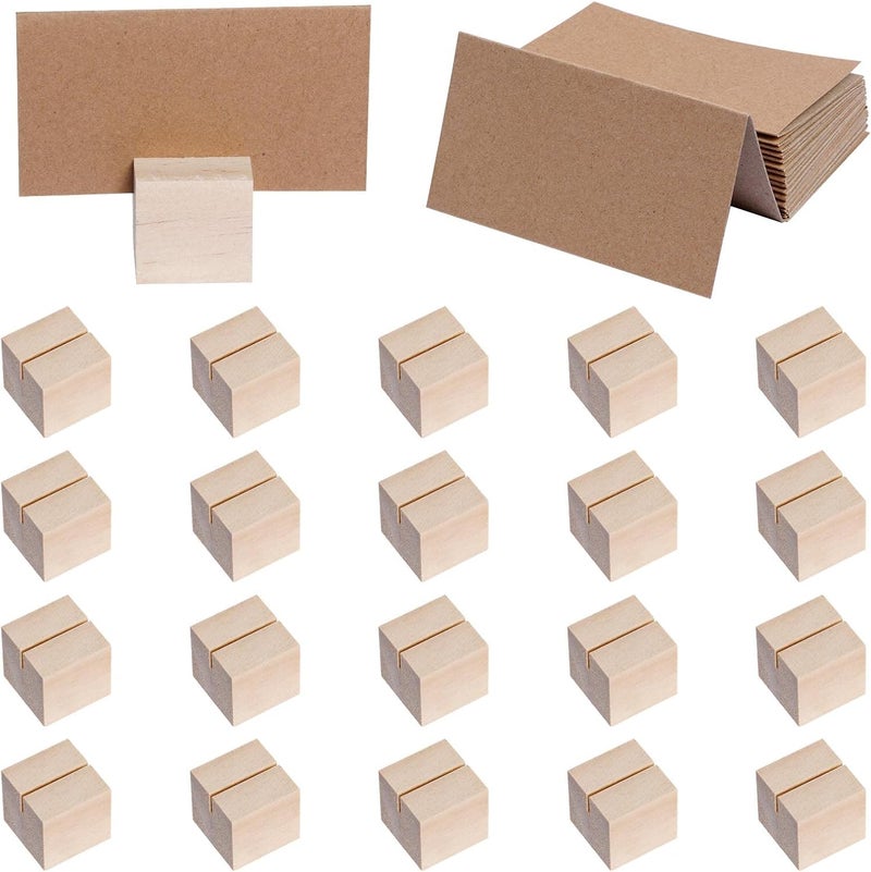 mifengda 20 Pieces Wood Place Card Holders Table Number Stands Small Sign Display Rustic Wooden Card Holder with Brown Paper Cards for Wedding Reception Table Party Decoration - Image 1