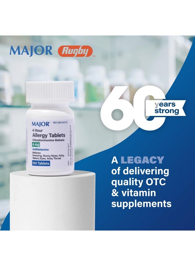 MAJOR Chlorpheniramine 4 Mg Tabs - Chlorpheniramine Maleate 4-Hour Allergy Tablets - Antihistamine for Sneezing, Itchy and Watery Eyes, Itchy Throat, Runny Nose - 100 Count per Bottle (1 Pack) - Image 1