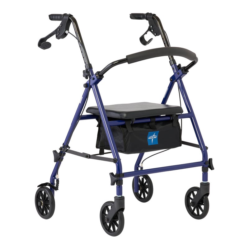Medline Rollator Walker with Seat, Steel Rolling Walker with 6-inch Wheels Supports up to 350 lbs, Medical Walker, Blue - Image 1
