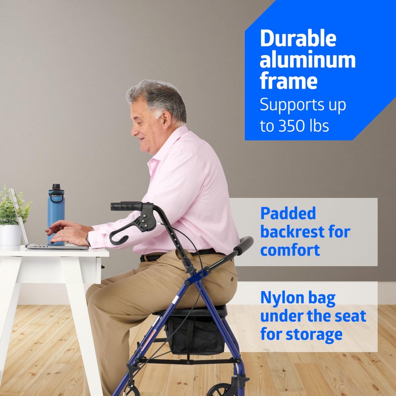 Medline Rollator Walker with Seat, Steel Rolling Walker with 6-inch Wheels Supports up to 350 lbs, Medical Walker, Blue - Image 4