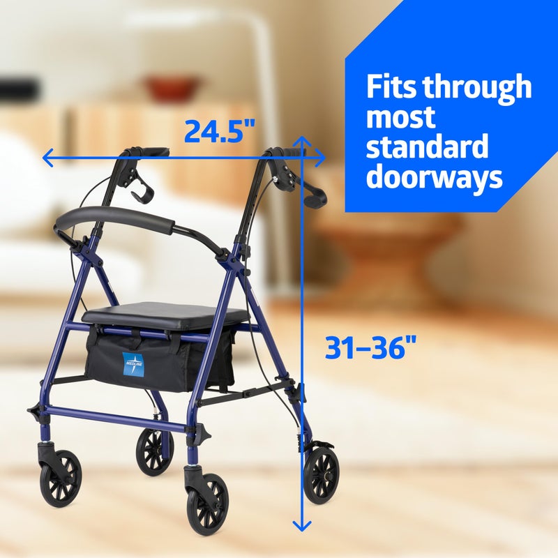 Medline Rollator Walker with Seat, Steel Rolling Walker with 6-inch Wheels Supports up to 350 lbs, Medical Walker, Blue - Image 2