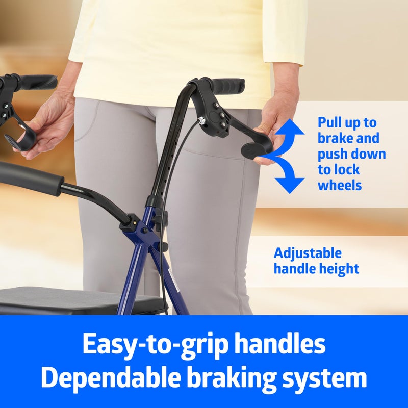 Medline Rollator Walker with Seat, Steel Rolling Walker with 6-inch Wheels Supports up to 350 lbs, Medical Walker, Blue - Image 3