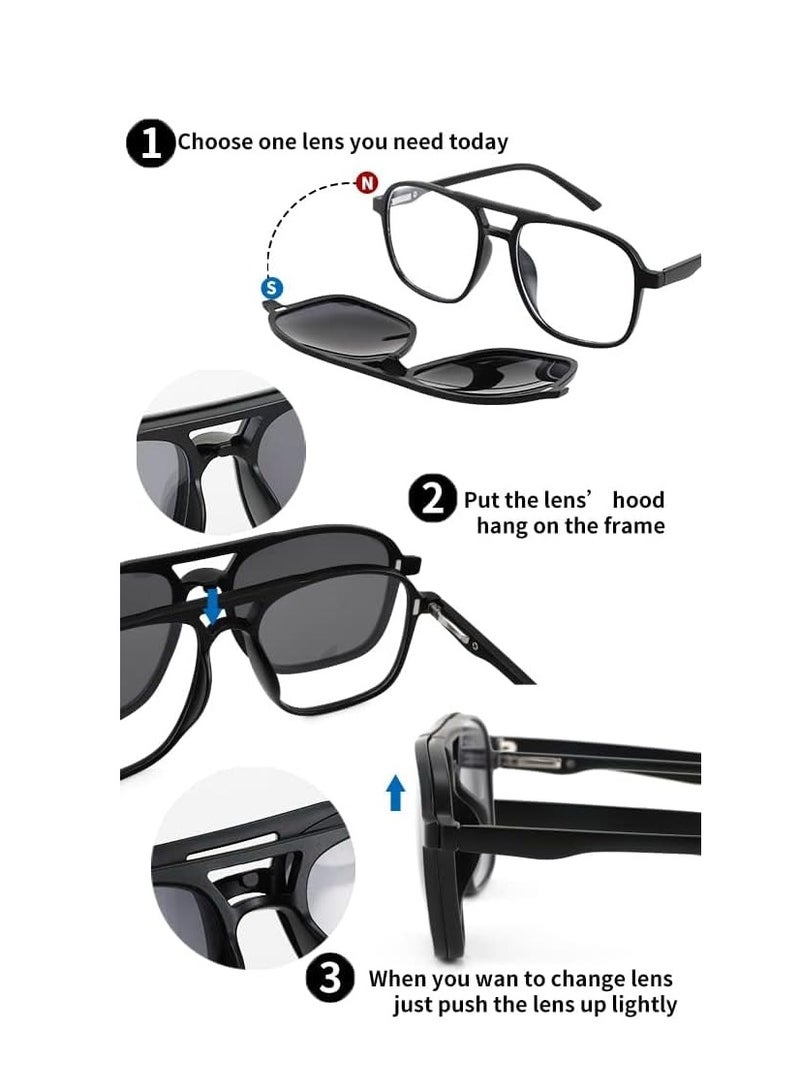 KASTWAVE Magnetic Clip on Sunglasses TR90 Square Glasses Frame TAC 5pcs Replacement Lens Set Sunglasses for Men Women Eyeglasses Fit Over Night Driving - Image 4