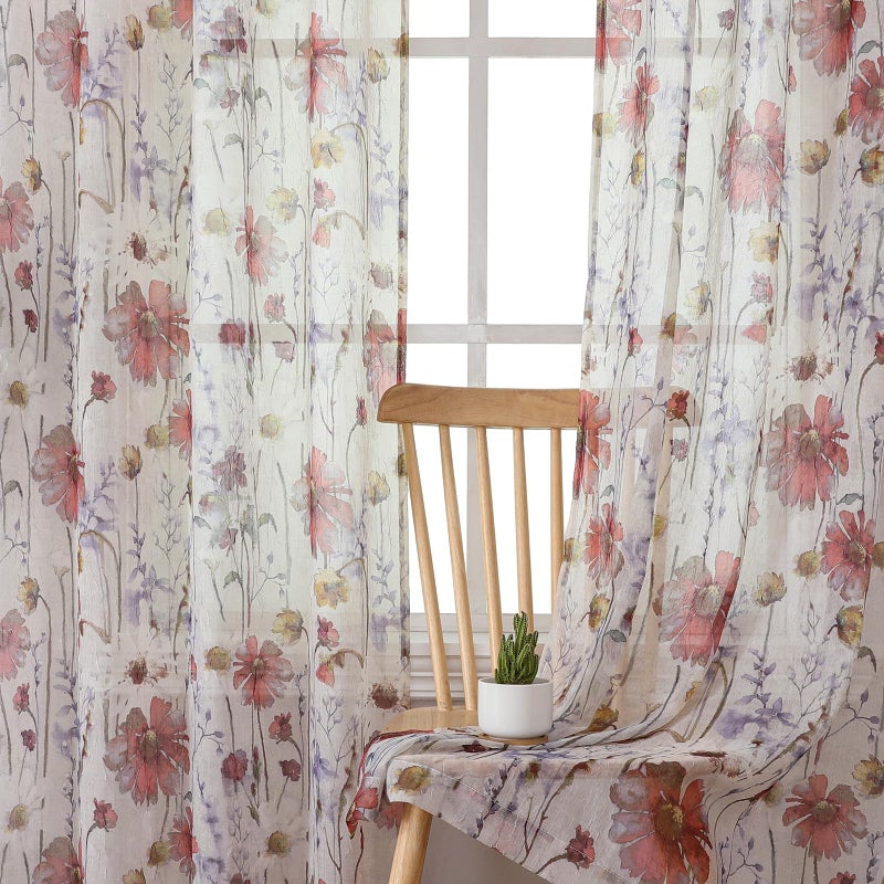 OVZME Crushed Floral Sheer Curtains for Bedroom 63 Inch Length for Living Room 2 Panels Set, Soft Airy Printed Design Textured Light Filtering Drapes, Semi Sheer Bedroom Curtains, Each 42Wx63L inches - Image 2